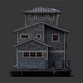 Cartoon Scene Featuring Wooden House With Gray Roof Multiple Windows And Small Red Boat
