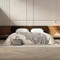 Modern Bedroom Interior With Cozy Bed White Pillows Gray Blanket Nightstands Table Lamp And Chair