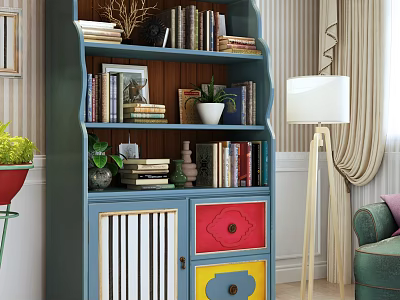 Stylish Blue Bookcase With Red Yellow Drawers Books Plant And Photo Frame 3d model