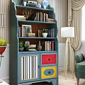 Stylish Blue Bookcase With Red Yellow Drawers Books Plant And Photo Frame