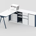 Modern Office Desk With White Tabletop Black Legs Drawers And Cabinets