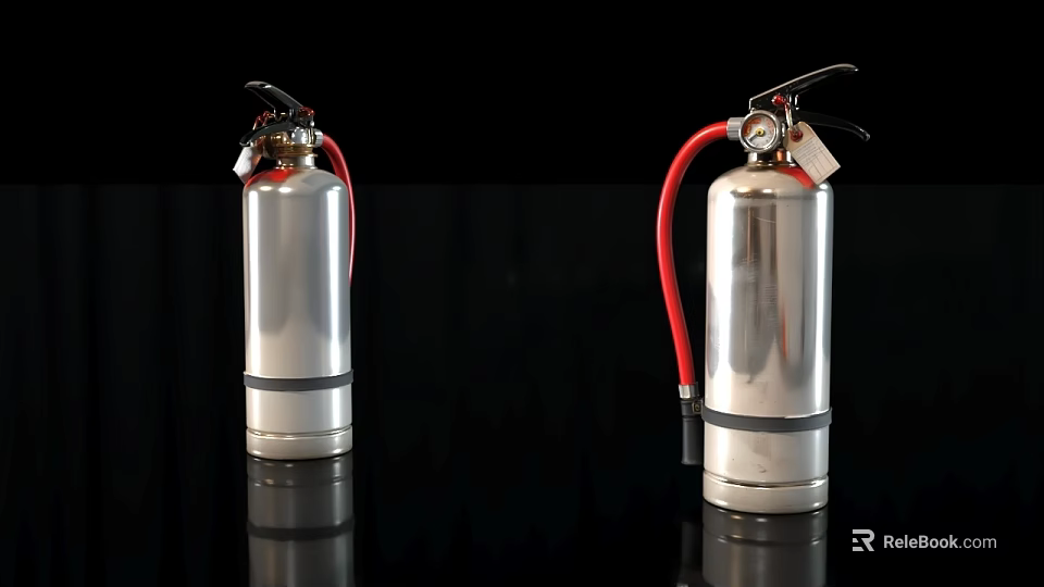 Two Silver Metal Fire Extinguishers With Red Hoses On Black Background 3d model 