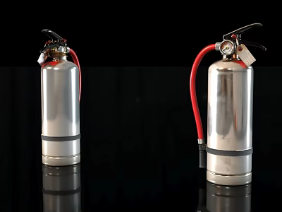 Two Silver Metal Fire Extinguishers With Red Hoses On Black Background 3d model