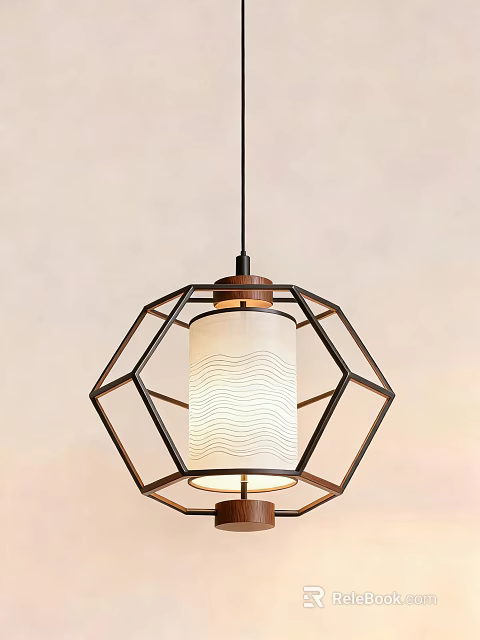 Modern Minimalist Pendant Light with Geometric Dark Metal Frame and Wavy Textured Lampshade 3d model 