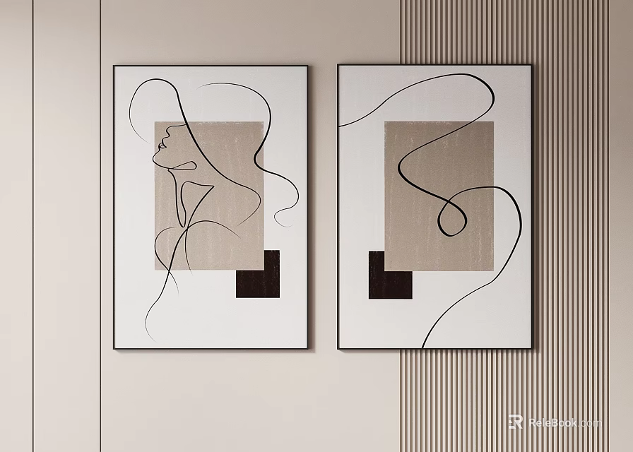 Abstract Paintings Featuring Minimalist Line Design And Geometric Shapes In Beige Brown Black Tones 3d model 