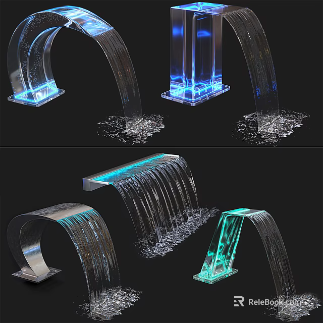 Contemporary Water Feature Fountain With Arched Column Linear Designs And Blue Green LED Lights 3d model 