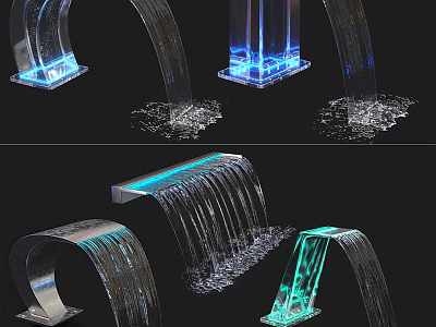 Contemporary Water Feature Fountain With Arched Column Linear Designs And Blue Green LED Lights 3d model