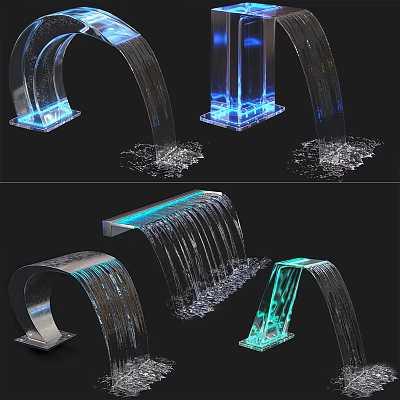 Contemporary Water Feature Fountain With Arched Column Linear Designs And Blue Green LED Lights 3d model