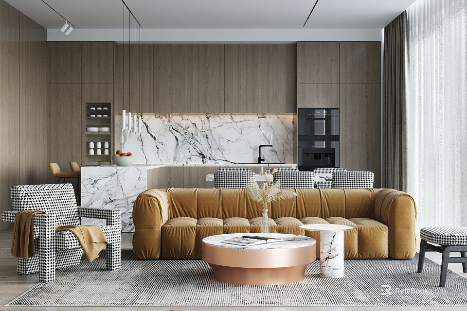 Elegant Modern Living Room Featuring Golden Brown Sofa Round Marble Coffee Table And Wooden Wall 3d model 