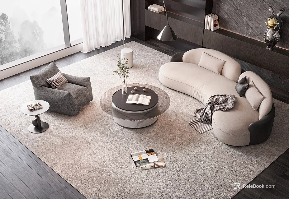 Modern Living Room With Curved Sofa And Round Coffee Table 3d model 