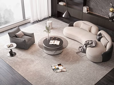 Modern Living Room With Curved Sofa And Round Coffee Table 3d model