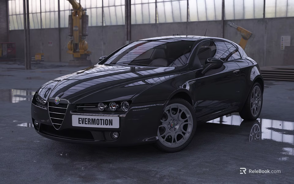 Black Alfa Romeo Coupe Parked in Industrial Warehouse With Glass Roof 3d model 