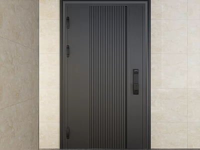 Modern Black Entrance Door with Vertical Stripes Design and Light Colored Tiled Wall Background 3d model
