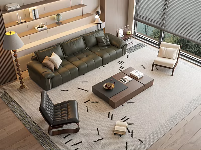 Modern Leather Sofa Coffee Table Set With Accent Chairs And Rug In Living Room 3d model