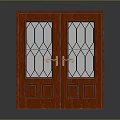 Classic Red Wooden Double Doors With Geometric Glass Panels And Metal Handles