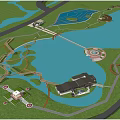 Lush Waterfront Landscape With Lake Green Spaces Walking Paths Bridge Circular Plaza And Trees