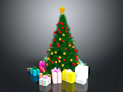Christmas Tree With Star On Top Colorful Balls Red Decorations And Colorful Gift Boxes Under 3d model