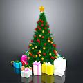 Christmas Tree With Star On Top Colorful Balls Red Decorations And Colorful Gift Boxes Under