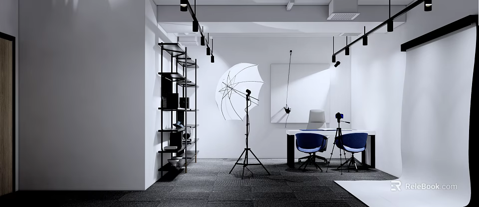 Modern Public Office Interior Design With Workstations Desk Chairs Bookshelf And Lighting 3d model 