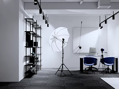 Modern Public Office Interior Design With Workstations Desk Chairs Bookshelf And Lighting 3d model