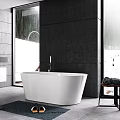 Modern Bathroom With Dark Gray Walls Round Mirror And White Bathtub
