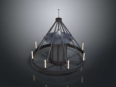 Rustic Metal Chandelier With Conical Top Circular Base And Candle Shaped Lights 3d model