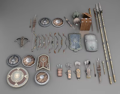 Ironwork Collection Featuring Shields Bows Arrows Weapons And Decorative Tools 3d model