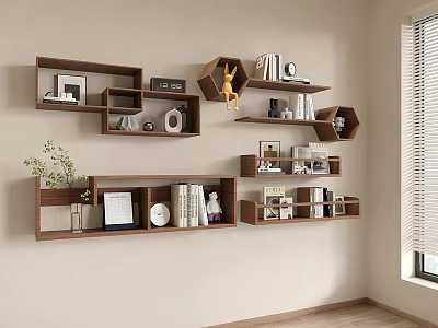 Modern Wall Mounted Wooden Shelves with Hexagonal Rectangular Shapes Holding Books Photo Frames Small Decor and Clock 3d model