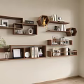 Modern Wall Mounted Wooden Shelves with Hexagonal Rectangular Shapes Holding Books Photo Frames Small Decor and Clock 3d model