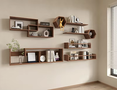 Modern Wall Mounted Wooden Shelves with Hexagonal Rectangular Shapes Holding Books Photo Frames Small Decor and Clock 3d model