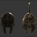 Ancient Greek Metallic Helmets With Historical Designs And Distinct Ornate Details