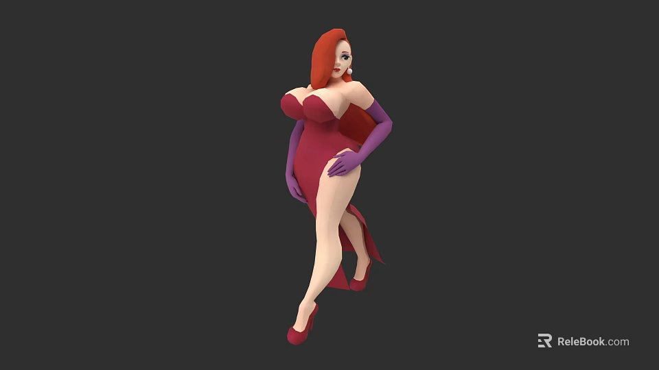 Stylish red haired woman in red dress with purple long gloves and red high heels 3d model 