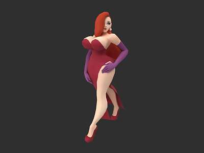 Stylish red haired woman in red dress with purple long gloves and red high heels 3d model