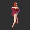 Stylish red haired woman in red dress with purple long gloves and red high heels
