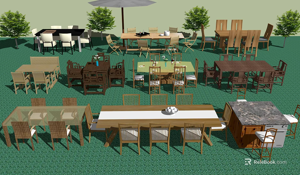 Diverse Wooden Table And Chair Sets With Various Designs And Green Plants 3d model 