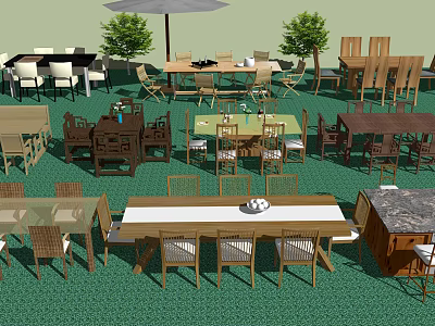 Diverse Wooden Table And Chair Sets With Various Designs And Green Plants 3d model