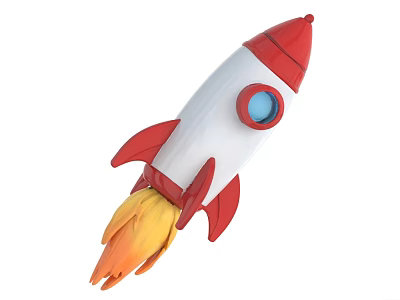 Colorful Toy Rocket With Red Nose White Body Blue Window And Flaming Orange Tail 3d model