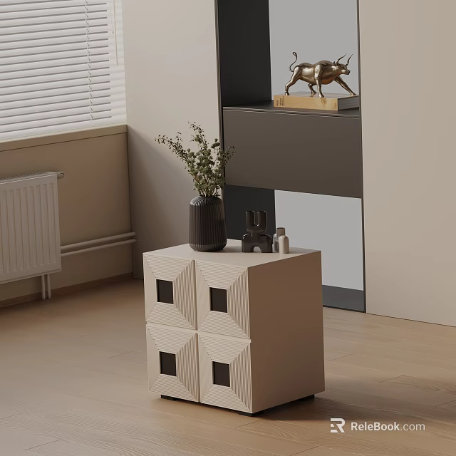 Beige Nightstand with Square Geometric Design and Black Vase with Green Plants 3d model 