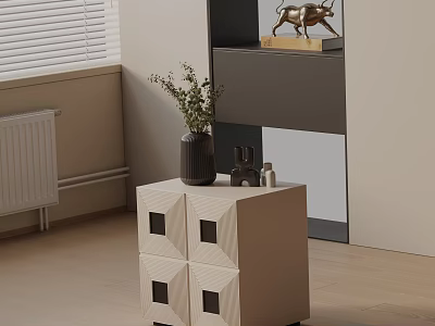 Beige Nightstand with Square Geometric Design and Black Vase with Green Plants 3d model