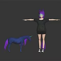 Character With Purple Horn In Black T Shirt And Blue Unicorn With Purple Mane Tail