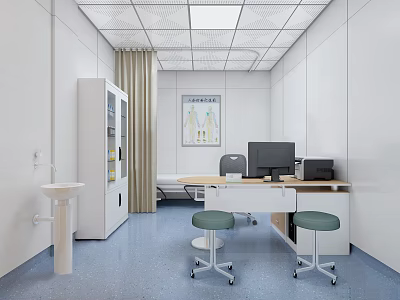 Hospital Outpatient Clinic Interior With White Walls Ceiling Lights Desk Computer Printer Green Stools 3d model