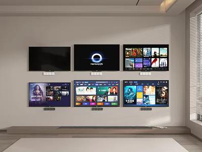 Six Wall Mounted Televisions Displaying Various Content In Modern Minimalist Interior 3d model