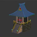Traditional Japanese Pavilion 3D Model With Gray Roof Yellow Decorations Stairs And Railings