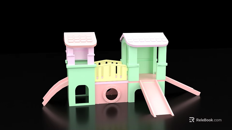Colorful Children's Playground Equipment With Pink Green Yellow Towers Slide Bridge And Circular Opening 3d model 