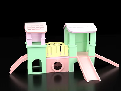 Colorful Children's Playground Equipment With Pink Green Yellow Towers Slide Bridge And Circular Opening 3d model