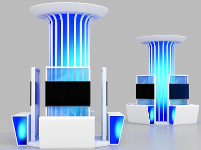 Modern Display Shelves With White And Blue Striped Columns Circular Top And Screens 3d model