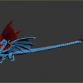 Mythical Dragon 3D Model With Red Wings Blue Scales And Glowing Tail On Dark Background