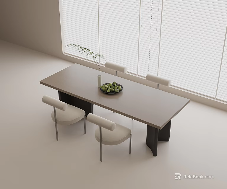Modern Rectangular Dining Table Set with Four Chairs Green Plant and White Blinds 3d model