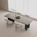 Modern Rectangular Dining Table Set with Four Chairs Green Plant and White Blinds 3d model