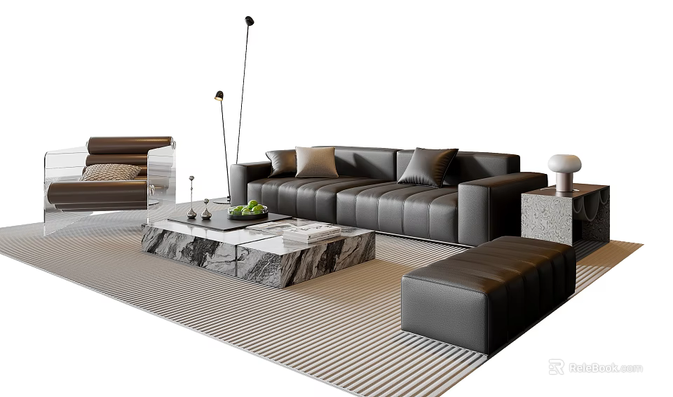 Modern Leather Sofa Coffee Table Set With Marble Top Pillows And Ottoman Rug 3d model 